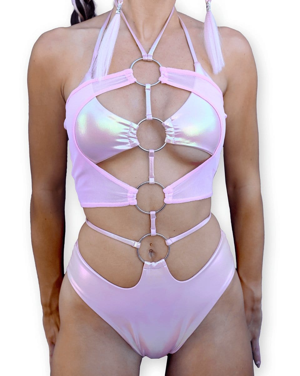 Iridescent pink 4-ring cutout rave bodysuit in vegan leather and mesh