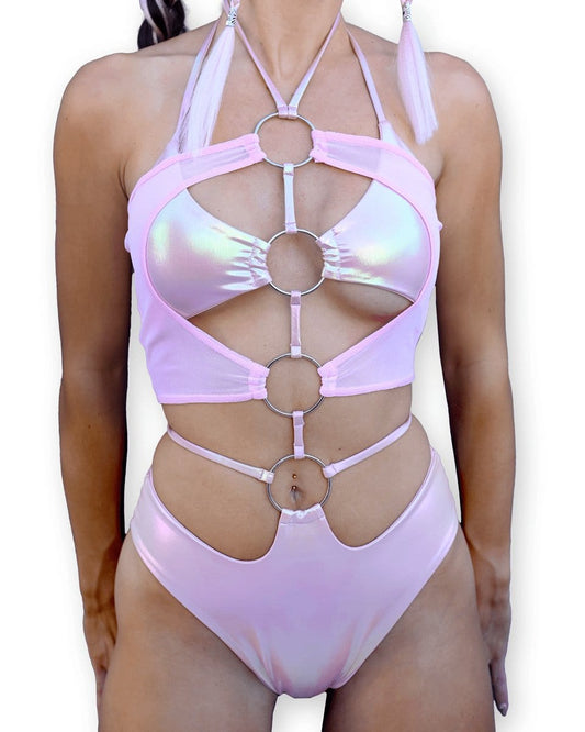 Iridescent pink 4-ring cutout rave bodysuit in vegan leather and mesh