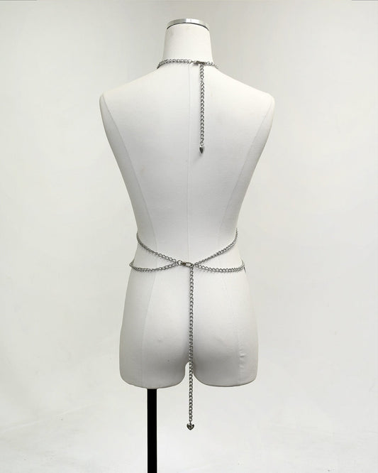 Silver Heartbreaker body chain harness with bubble-heart charms and spike-cone accents