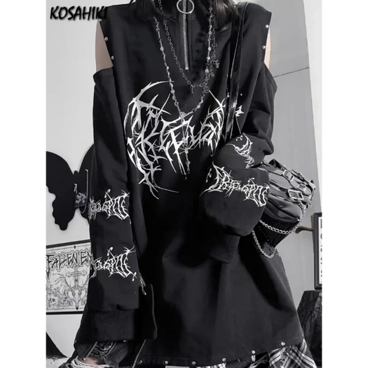 Black off-shoulder punk Harajuku tee with graffiti print, O-ring choker neckline and zipper detail