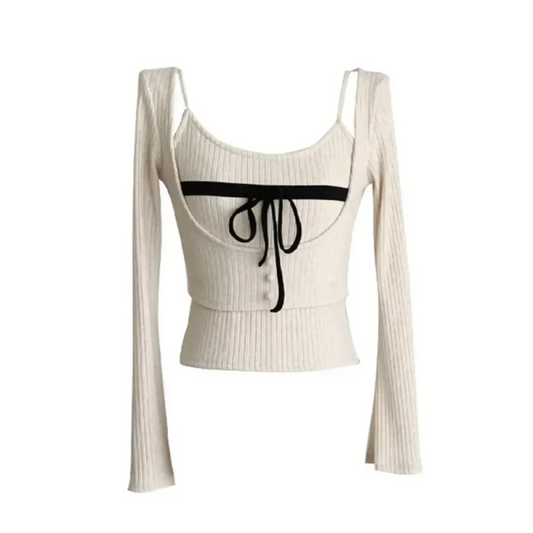 Beige cropped gyaru ribbed knit sweater top with faux-layered vest look and bow-tied bust