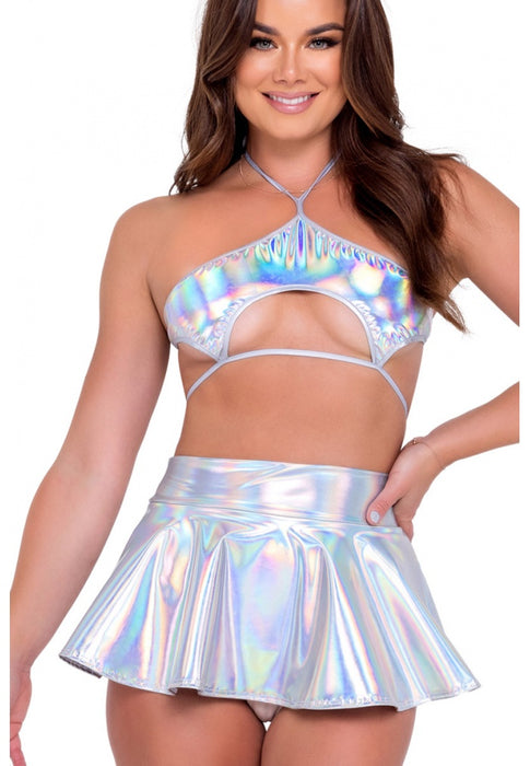 Silver Holographic Flared Skirt