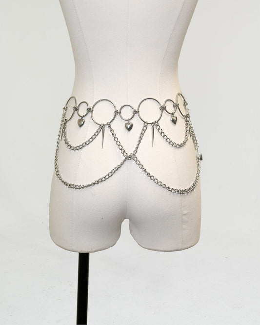 Silver Heartbreaker waist chain belt with bubble-heart charms and spike-cone details