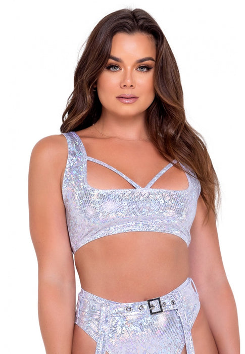 White Shimmer Crop Top With Strap Detail